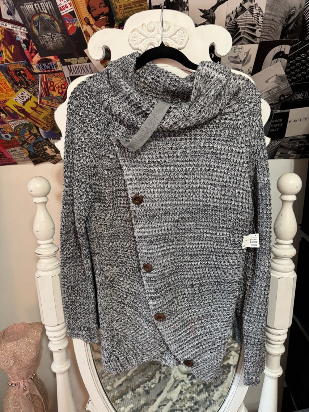 Marled Gray Cowl Neck Button Sweater
